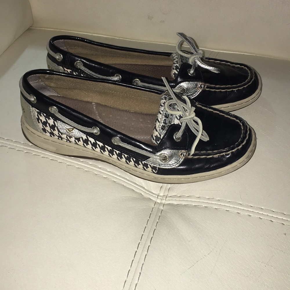 Sperrys black patent, silver, houndstooth pattern